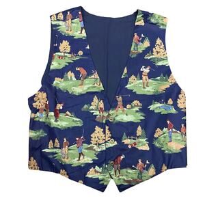 Vintage Golf Print Vest Novelty Scenic Golfer Pattern Navy Button Front XL -
